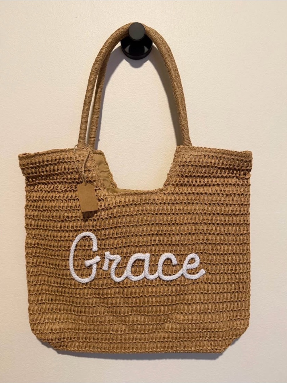Grace Embroidered Straw Tote Bag - Tan - Picture 2 of 3